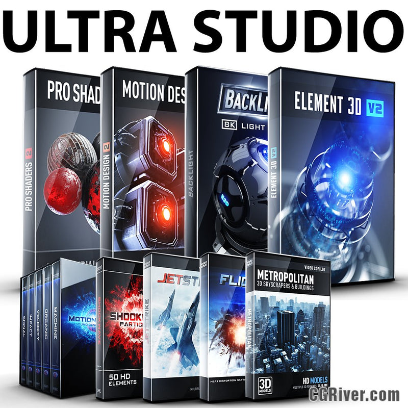 ULTRA STUDIO Bundle:  Element 3D + Pro Shaders 2 + BackLight + Motion Design II + MotionPulse + Shockwave + JetStrike + Flight..